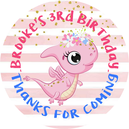 Party Favors Cute Pink and White Baby Girl Pterodactyl Dinosaur Personalized Birthday Round  Stickers  Supplies Labels