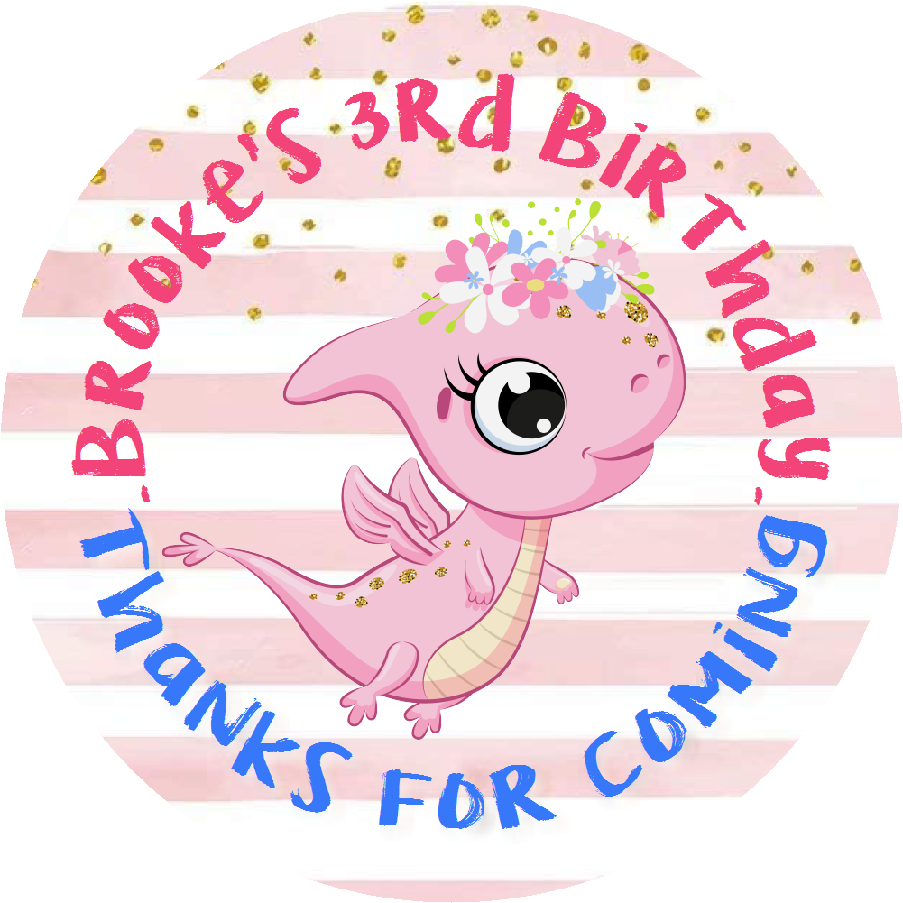 Party Favors Cute Pink and White Baby Girl Pterodactyl Dinosaur Personalized Birthday Round  Stickers  Supplies Labels