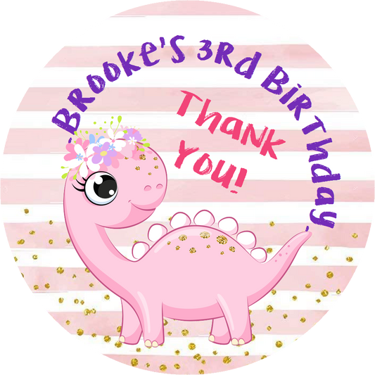 Party Favors Cute Pink and White Baby Girl Dinosaur Personalized Birthday Round  Stickers  Supplies Labels