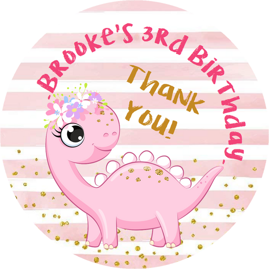 Party Favors Cute Pink and White Baby Girl Dinosaur Personalized Birthday Round  Stickers  Supplies Labels