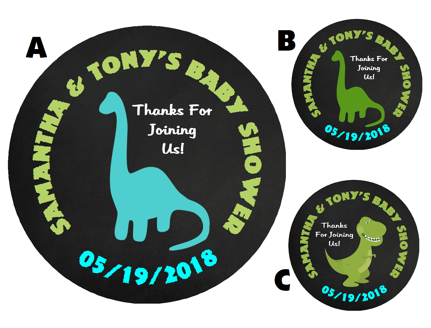 Party Favors Cute Dinosaur Dinosaurs Black Turquois Green Personalized Baby Shower Round  Stickers  Supplies Labels