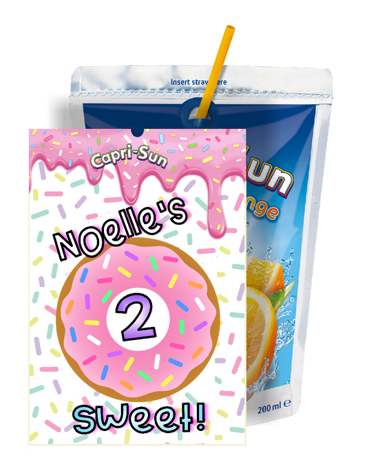 Party Favors Donuts Donut Too Sweet 2 Birthday Capri Sun Labels Personalized Juice Stickers Supplies Ideas