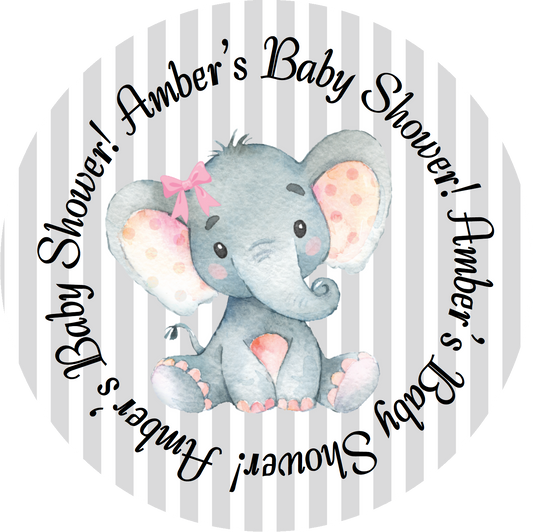 Cute pink and Gray Girl Elephant with bow Party Favors Personalized Baby Shower Round Stickers Supplies Labels ideas