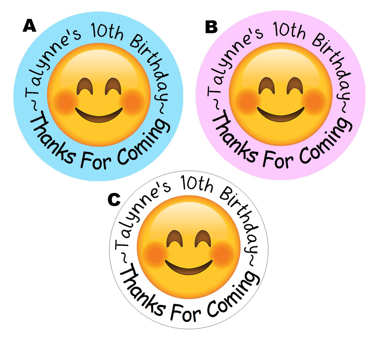 Smiley Face Emoji Birthday Party Favors Personalized Round Stickers Supplies Labels ideas