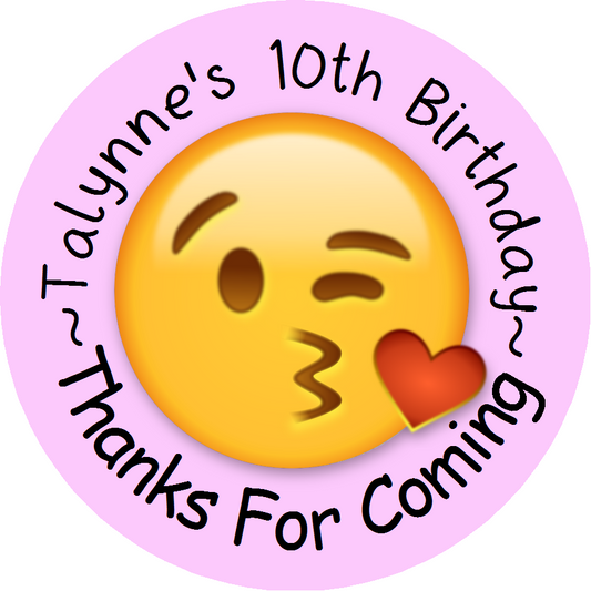 Kissy Face Emoji Birthday Party Favors Personalized Round Stickers Supplies Labels ideas