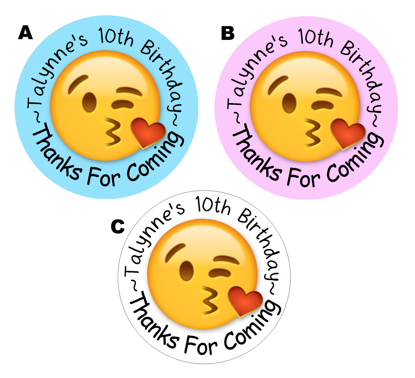 Kissy Face Emoji Birthday Party Favors Personalized Round Stickers Supplies Labels ideas