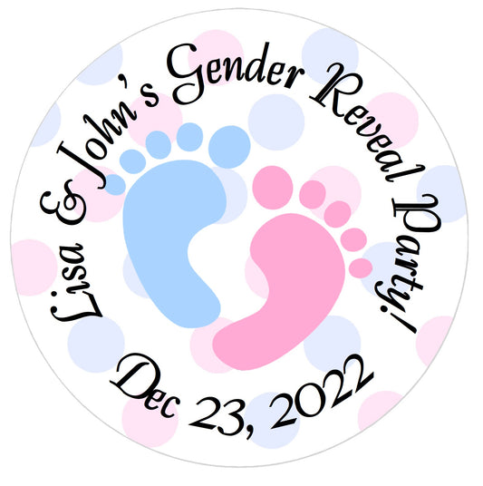 Pink and Blue Footprints Boy or Girl Party Favors Personalized Gender Reveal Round Stickers Supplies Labels ideas