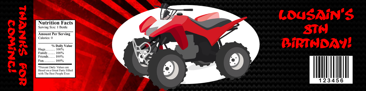 Party Favors  Red & Black Four Wheeler Atv 4 Wheeler Birthday  Water Bottle Labels Wrappers Supplies Personalized