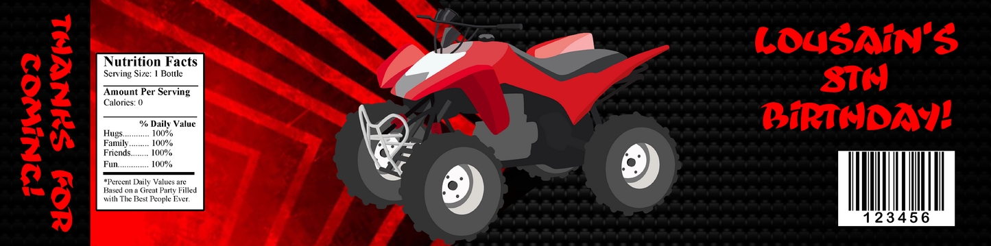 Party Favors  Red & Black Four Wheeler Atv 4 Wheeler Birthday  Water Bottle Labels Wrappers Supplies Personalized