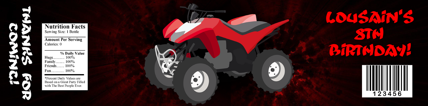 Party Favors  Red & Black Four Wheeler Atv 4 Wheeler Birthday  Water Bottle Labels Wrappers Supplies Personalized