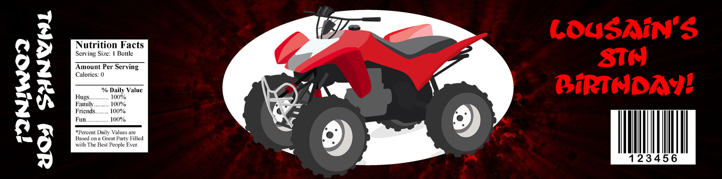 Party Favors  Red & Black Four Wheeler Atv 4 Wheeler Birthday  Water Bottle Labels Wrappers Supplies Personalized