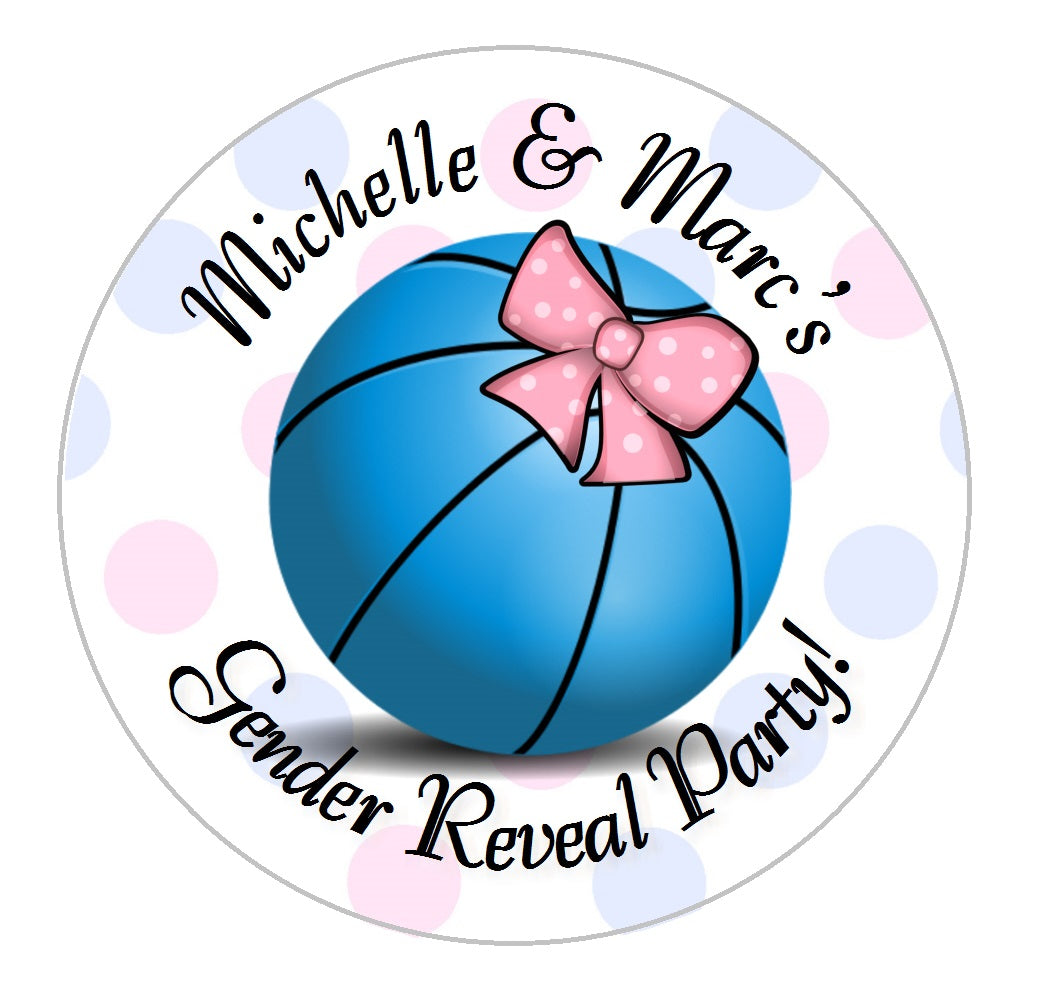 Party Favors Basketballs or Bows   Free Throws Personalized Pink Baby Gender Reveal Glossy Round Stickers Supplies Labels