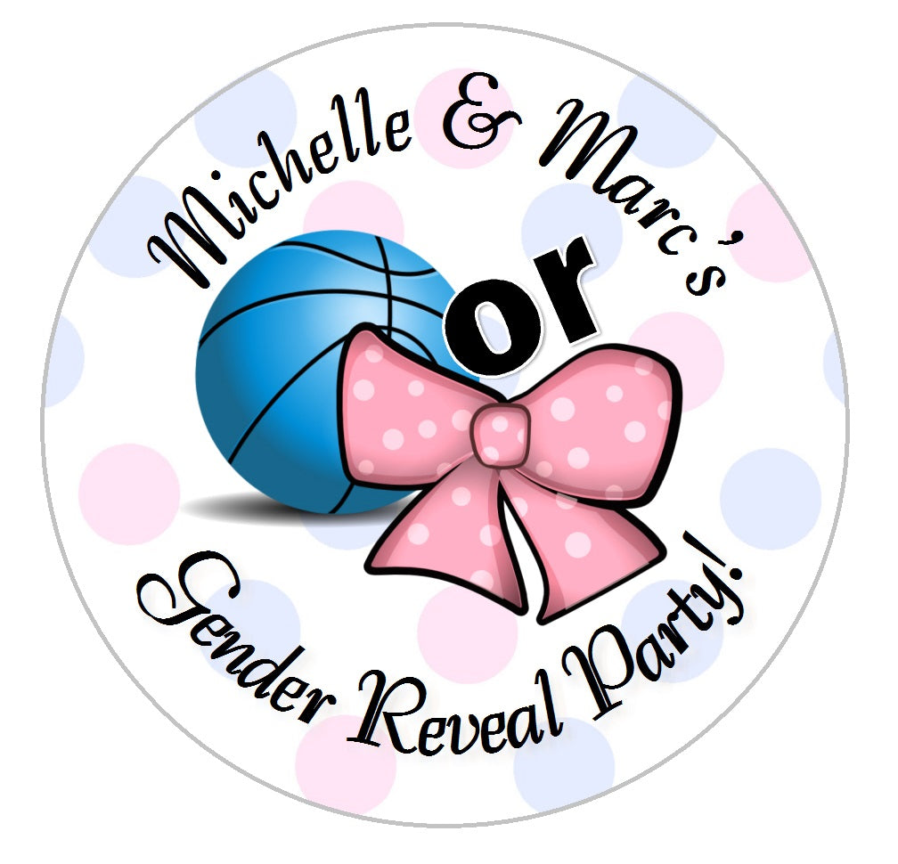 Party Favors Basketballs or Bows   Free Throws Personalized Pink Baby Gender Reveal Glossy Round Stickers Supplies Labels