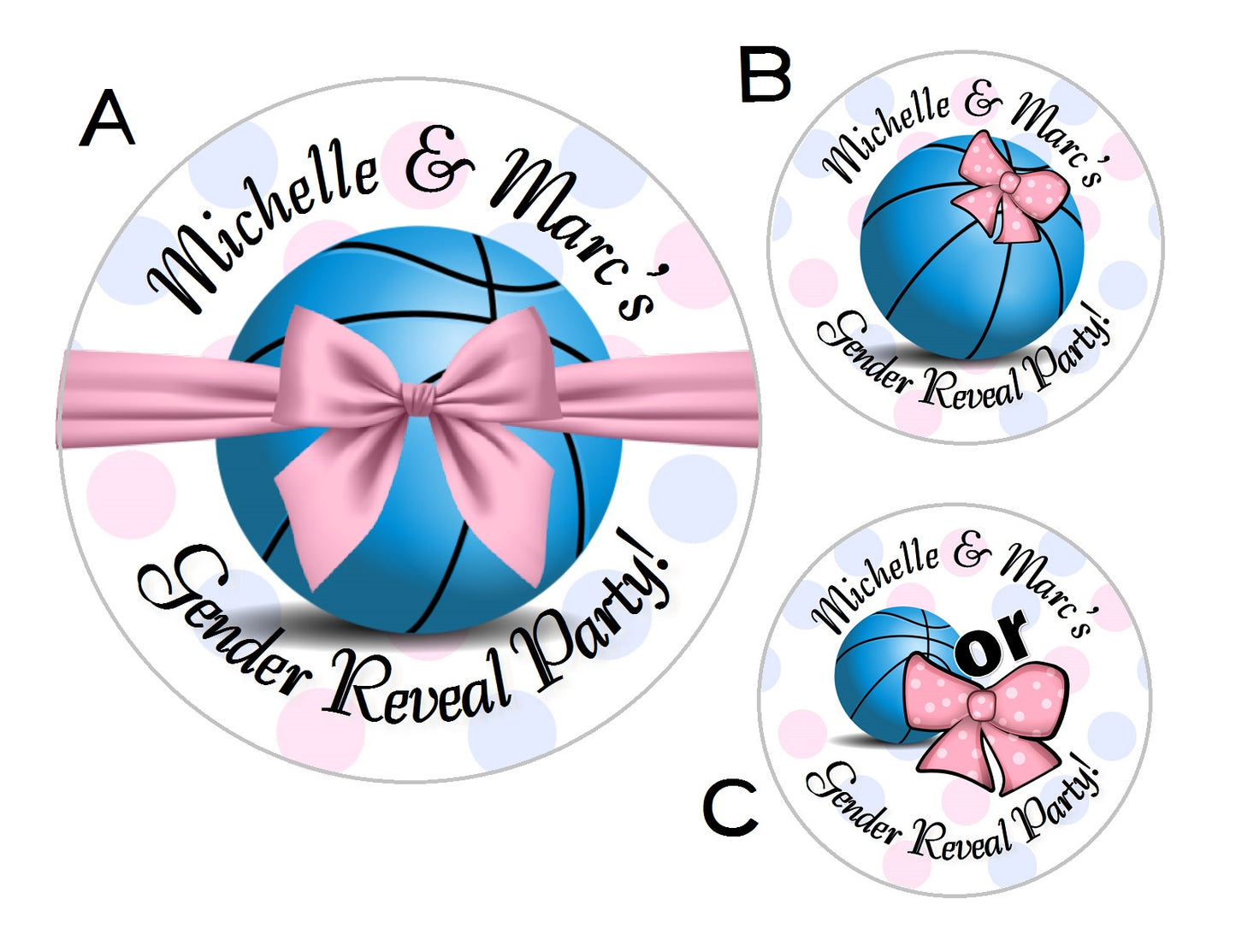 Party Favors Basketballs or Bows   Free Throws Personalized Pink Baby Gender Reveal Glossy Round Stickers Supplies Labels