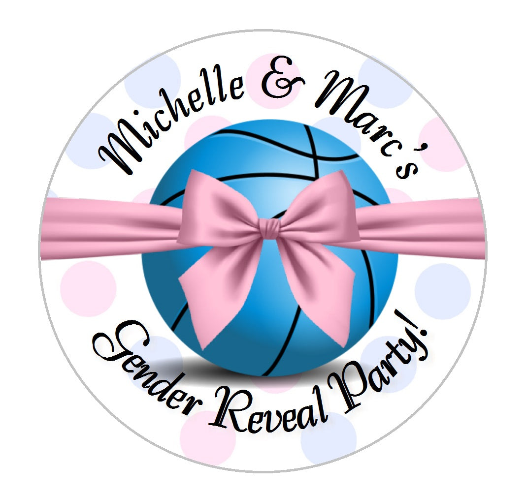 Party Favors Basketballs or Bows   Free Throws Personalized Pink Baby Gender Reveal Glossy Round Stickers Supplies Labels