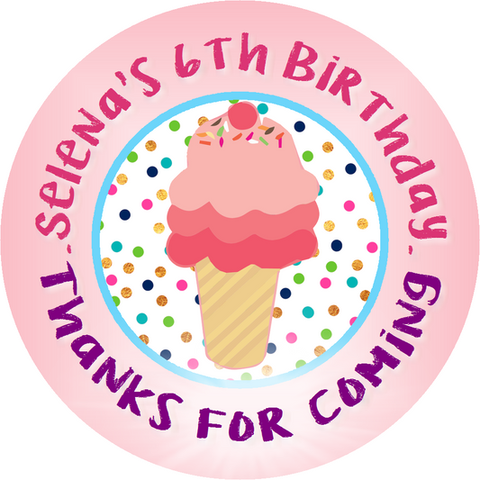 Party Favors Pink Ice Cream Cone with Sprinkles Personalized Birthday Round  Stickers  Supplies Labels