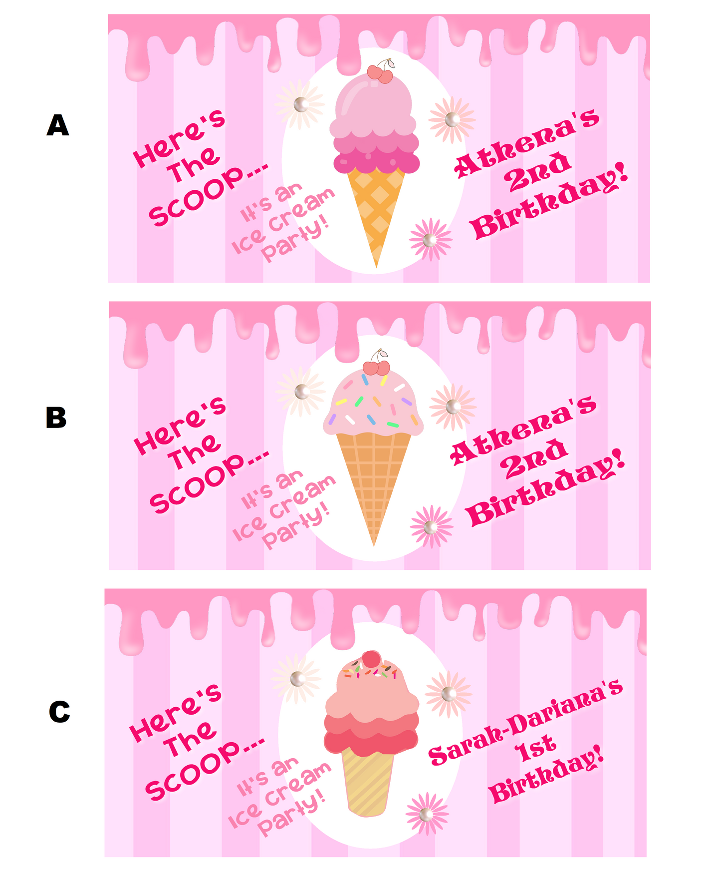 Ice Cream Scoops Cones Pink and White Party Favors Stickers Gable Box Favor Bags Labels Personalized Rectangle Birthday Supplies ideas