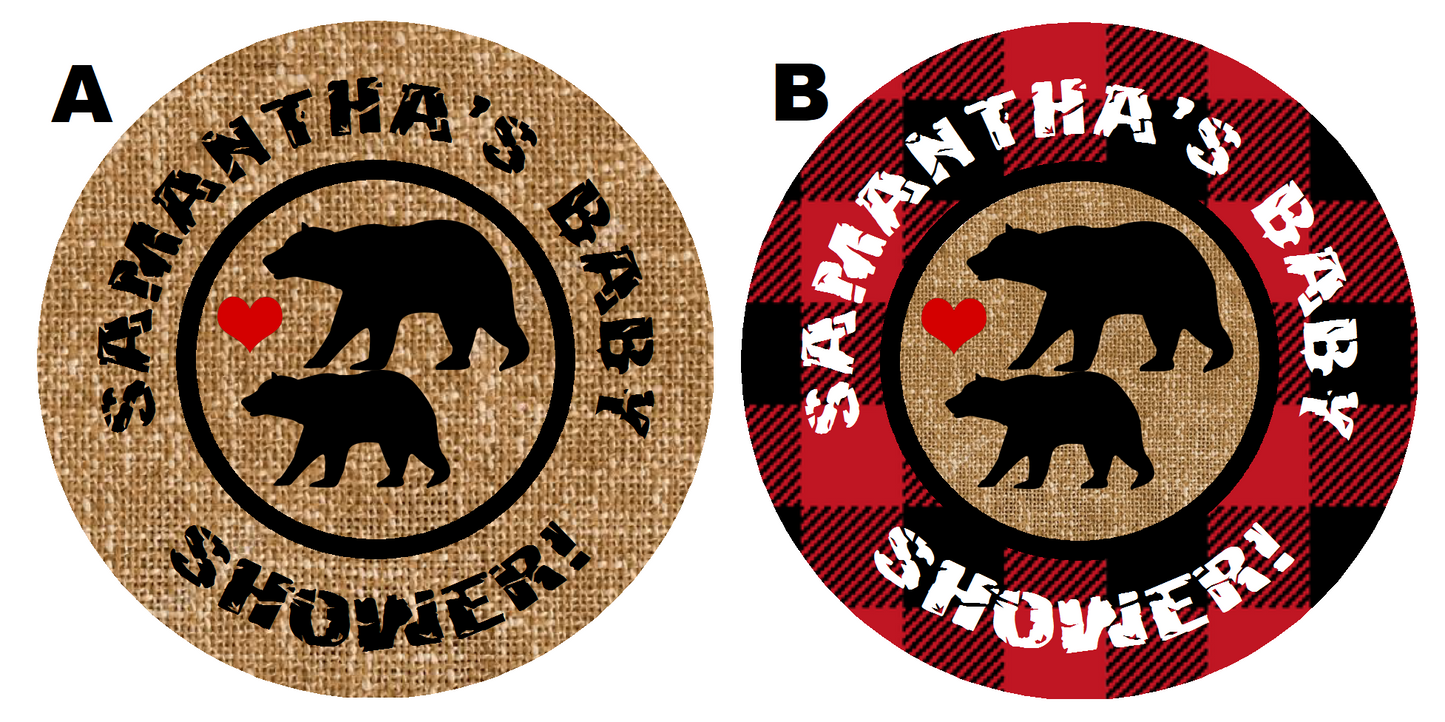 Red and Black Bear Lumberjack Buffalo Plaid Party Favors Personalized Baby Shower Round Stickers Supplies Labels ideas