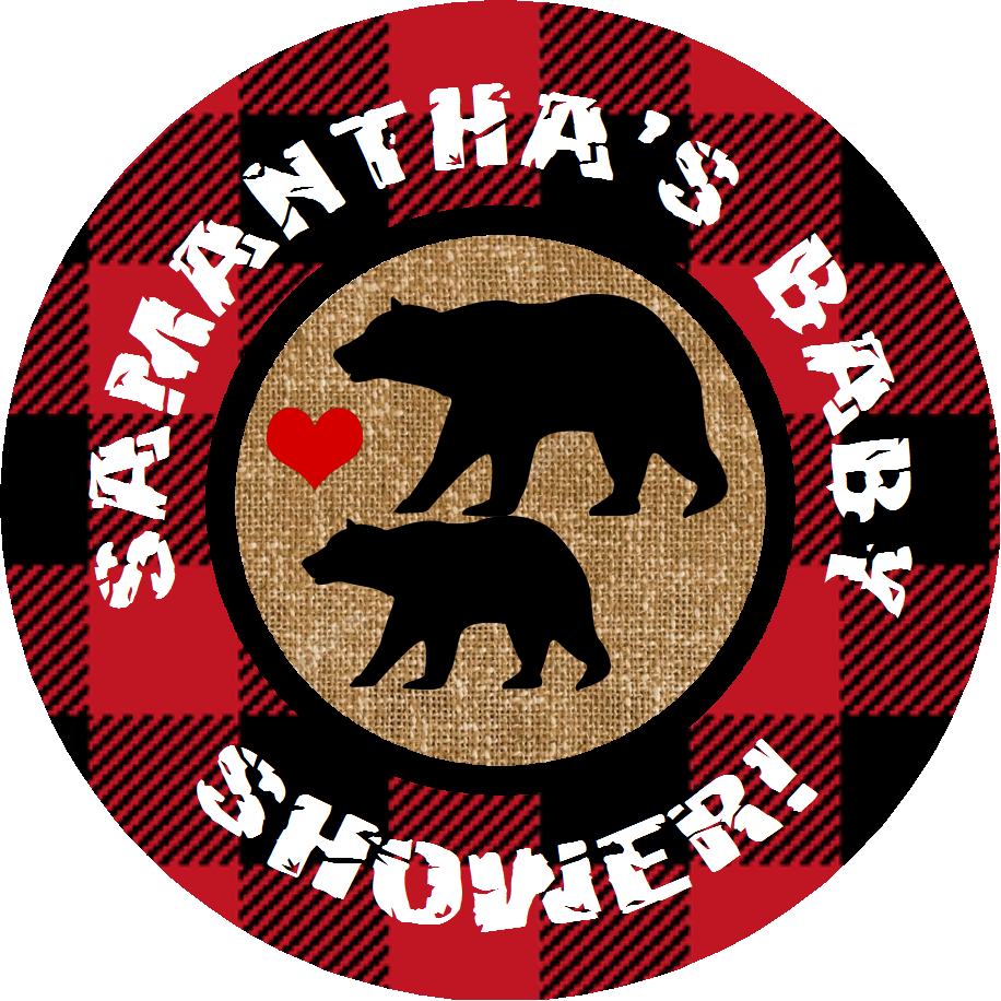 Red and Black Bear Lumberjack Buffalo Plaid Party Favors Personalized Baby Shower Round Stickers Supplies Labels ideas