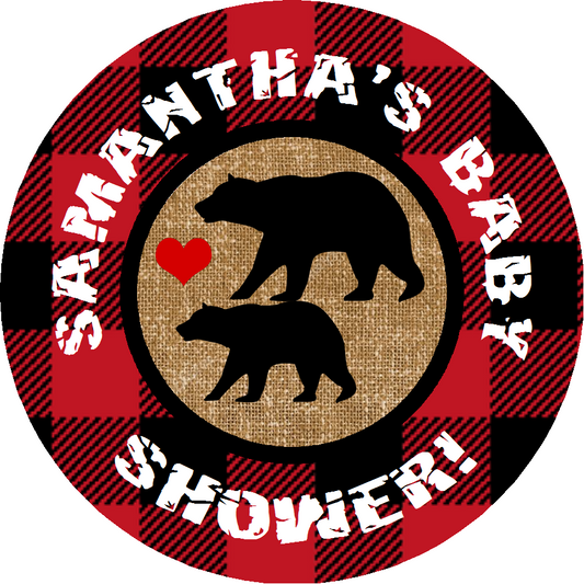 Red and Black Bear Lumberjack Buffalo Plaid Party Favors Personalized Baby Shower Round Stickers Supplies Labels ideas