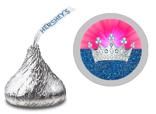 Princess Tiara Crown Blue Silver and Hot Pink Party Favors Hershey Chocolate Candy Kiss Labels Stickers Birthday Baby Shower Favors