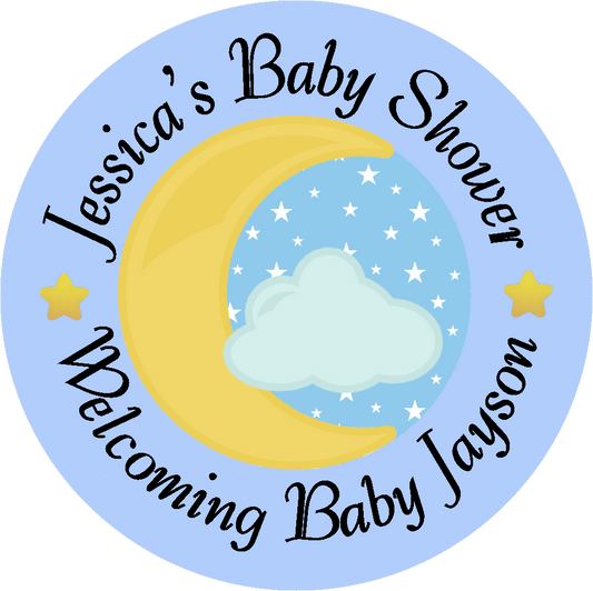 Celestial Moon and Stars Blue Party Favors Personalized Baby Shower Round Stickers Supplies Labels ideas