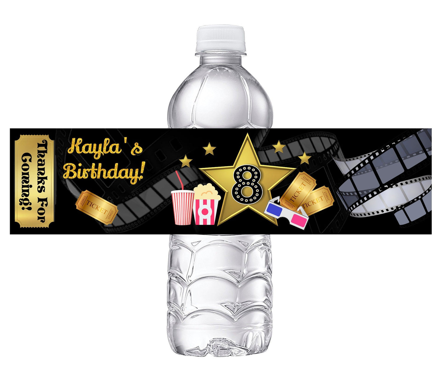 Movie Night Cinema Theater Birthday Party Favors Water Bottle Labels Ideas Supplies Decor