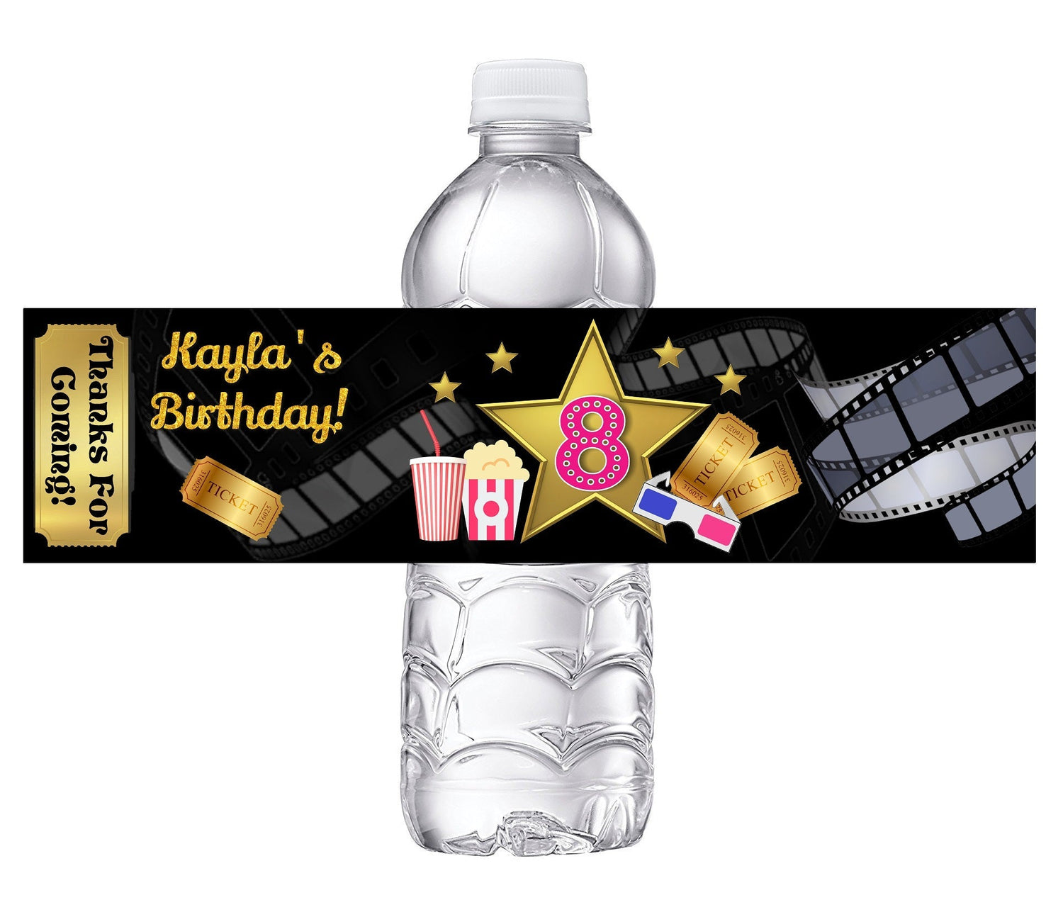 Movie Night Cinema Theater Birthday Party Favors Water Bottle Labels Ideas Supplies Decor