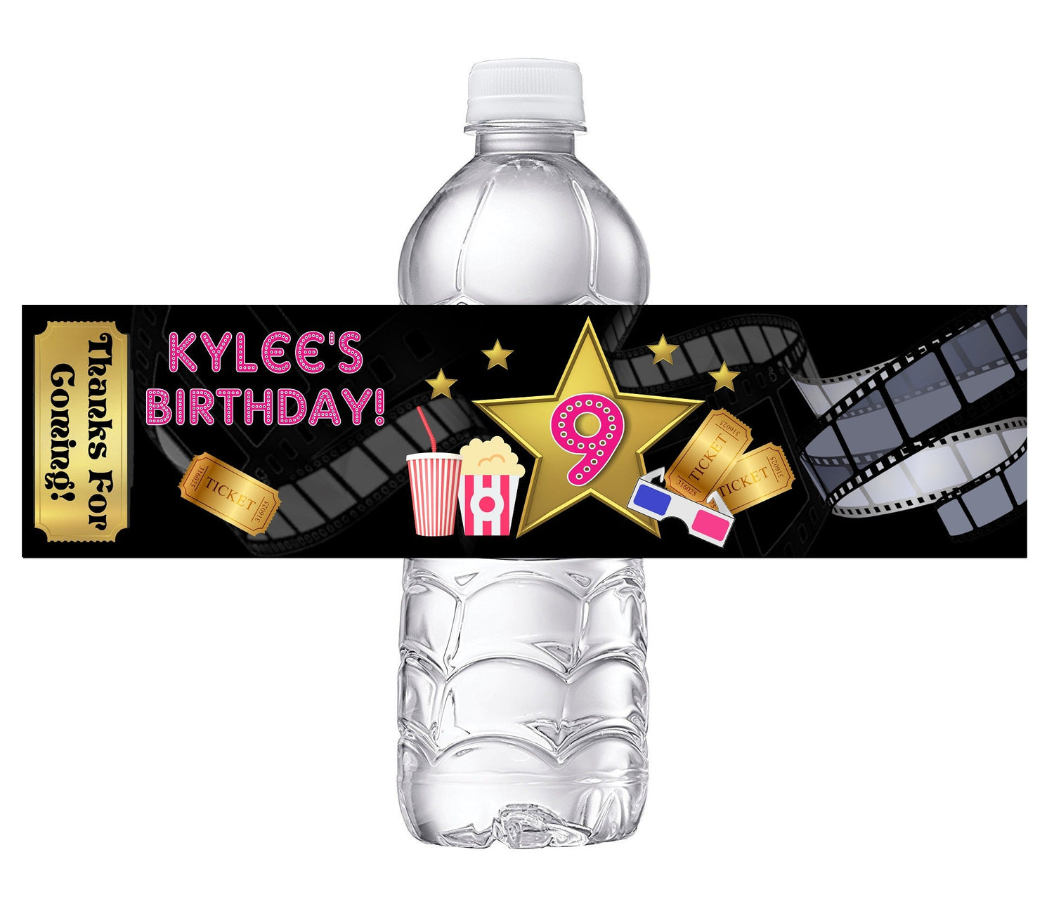 Movie Night Cinema Theater Birthday Party Favors Water Bottle Labels Ideas Supplies Decor