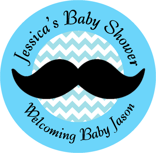 Blue and Black Mustache Party Favors Personalized Baby Shower Round Stickers Supplies Labels ideas