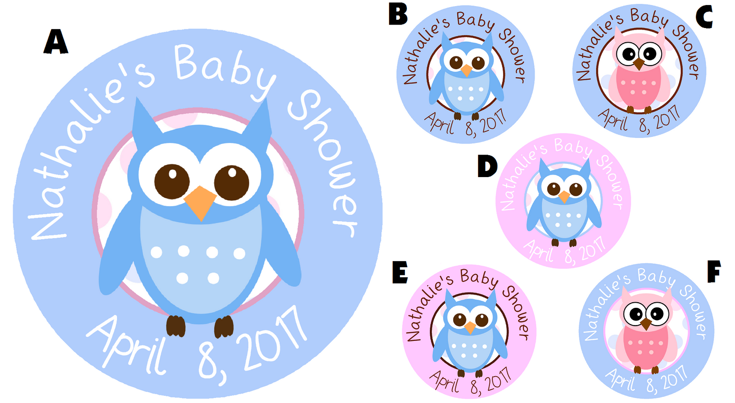 Pink or Blue Owl Owls Personalized Baby Shower Round  Stickers  Supplies Labels