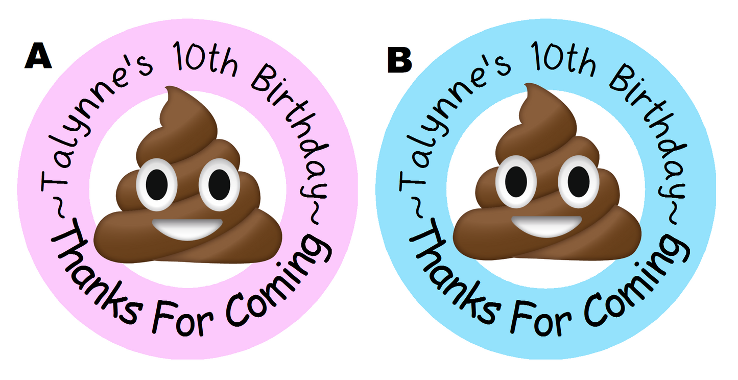 Poop Emoji Birthday Party Favors Personalized Round Stickers Supplies Labels ideas