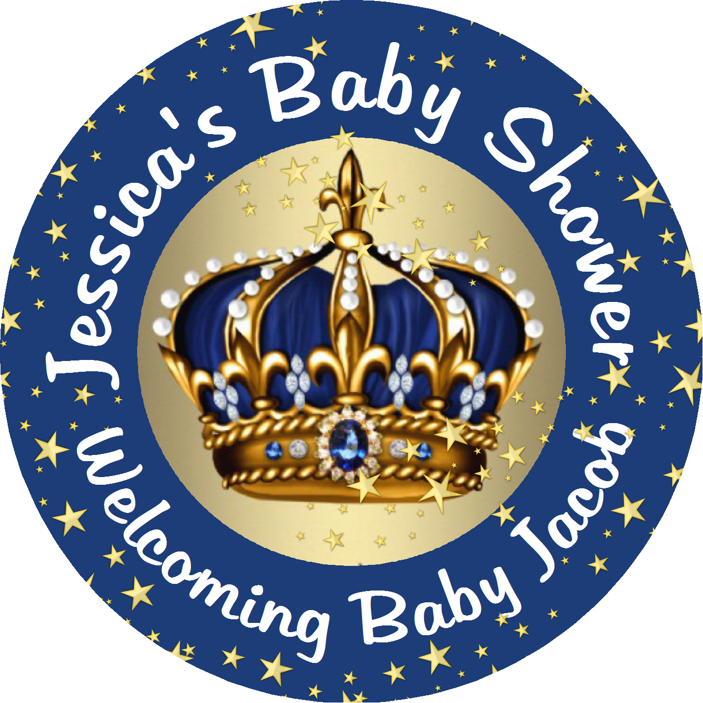 Navy Blue and Gold Royal Prince Crown Personalized Baby Shower Round  Stickers  Supplies Labels