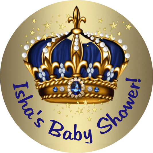 Navy Blue and Gold Royal Prince Crown Personalized Baby Shower Round  Stickers  Supplies Labels