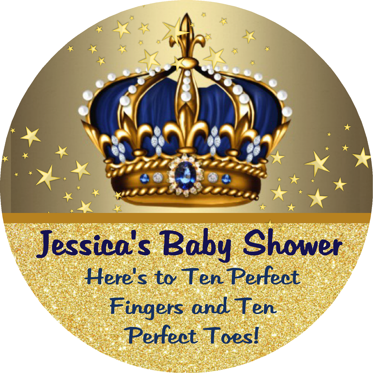 Navy Blue and Gold Royal Prince Crown Personalized Baby Shower Round  Stickers  Supplies Labels