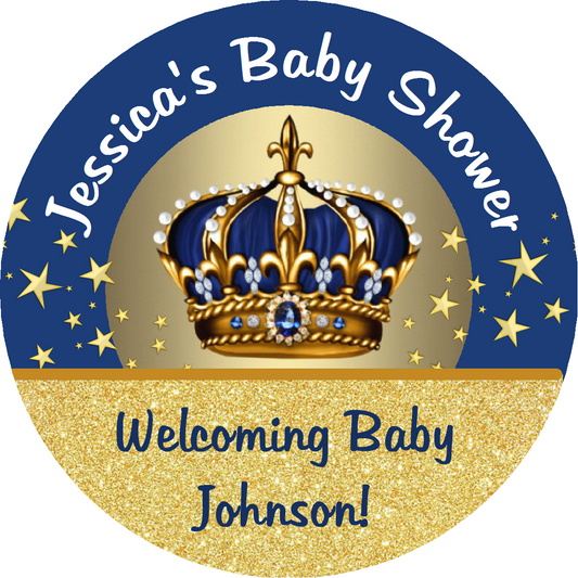 Navy Blue and Gold Royal Prince Crown Personalized Baby Shower Round  Stickers  Supplies Labels