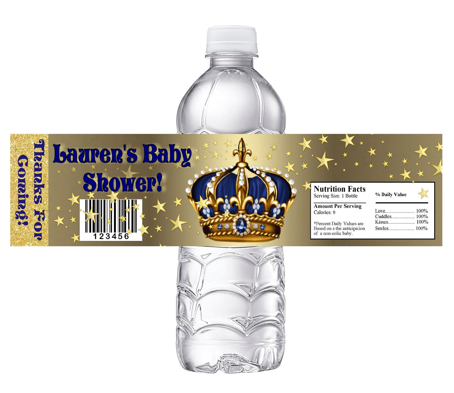 Blue and Gold Prince Crown Baby Shower Party Favors Water Bottle Labels Ideas Supplies Decor