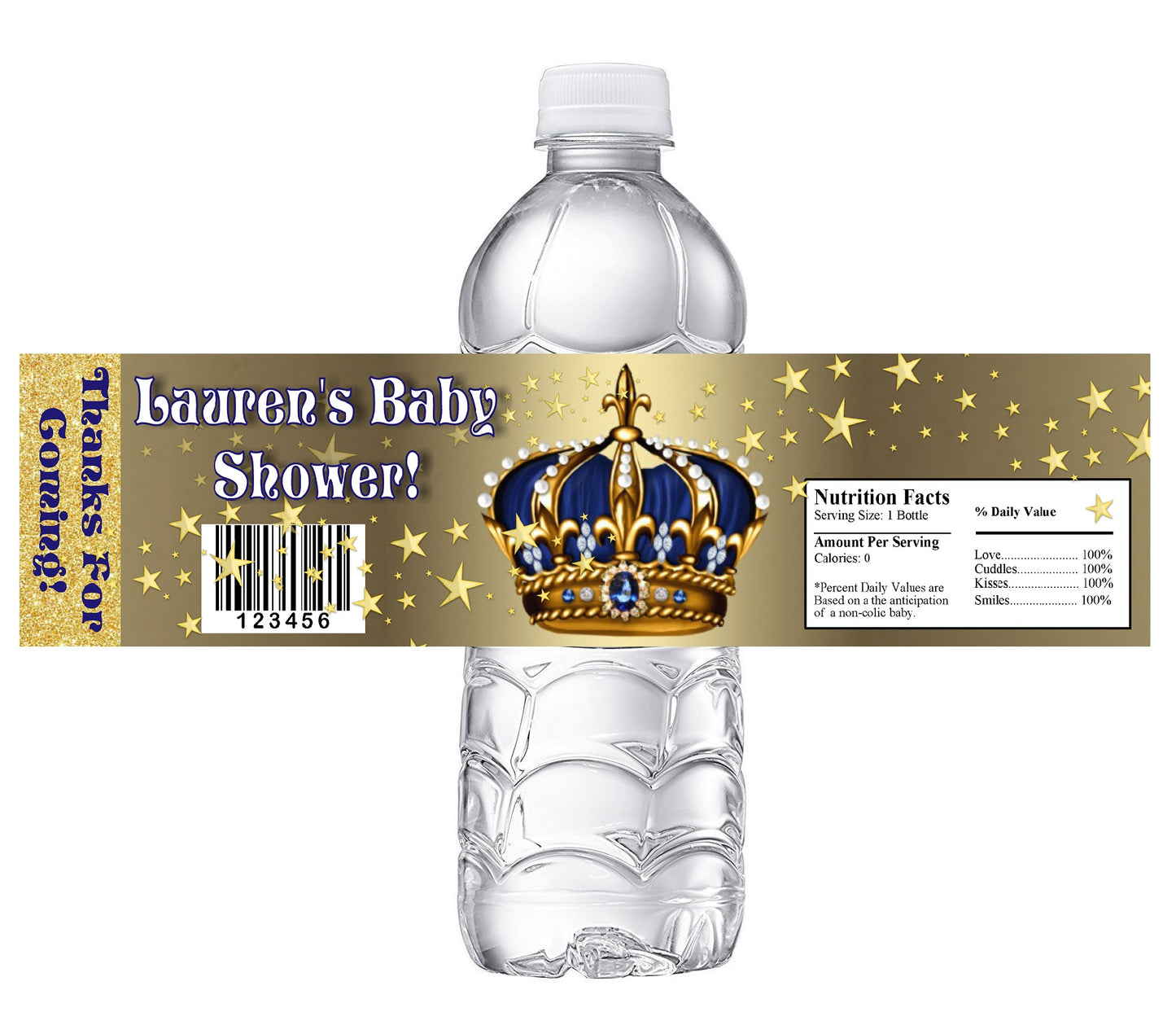 Blue and Gold Prince Crown Baby Shower Party Favors Water Bottle Labels Ideas Supplies Decor