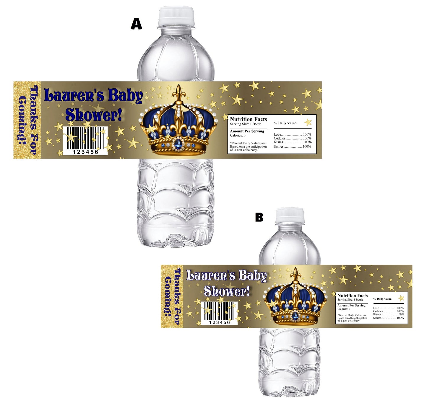 Blue and Gold Prince Crown Baby Shower Party Favors Water Bottle Labels Ideas Supplies Decor