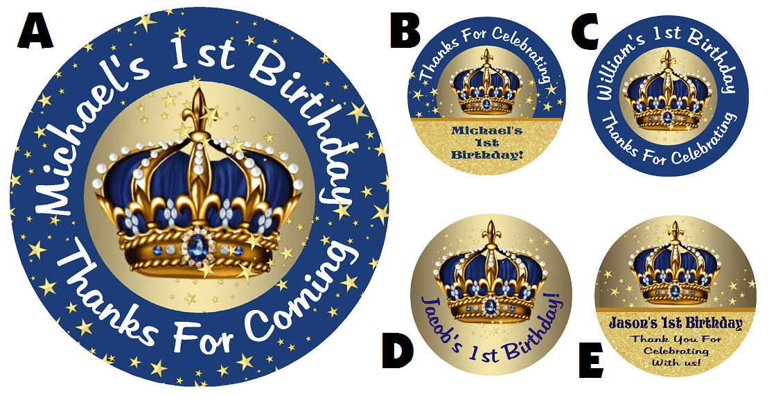 Navy Blue and Gold Royal Prince Crown Birthday Party Favors Personalized Round Stickers Supplies Labels ideas