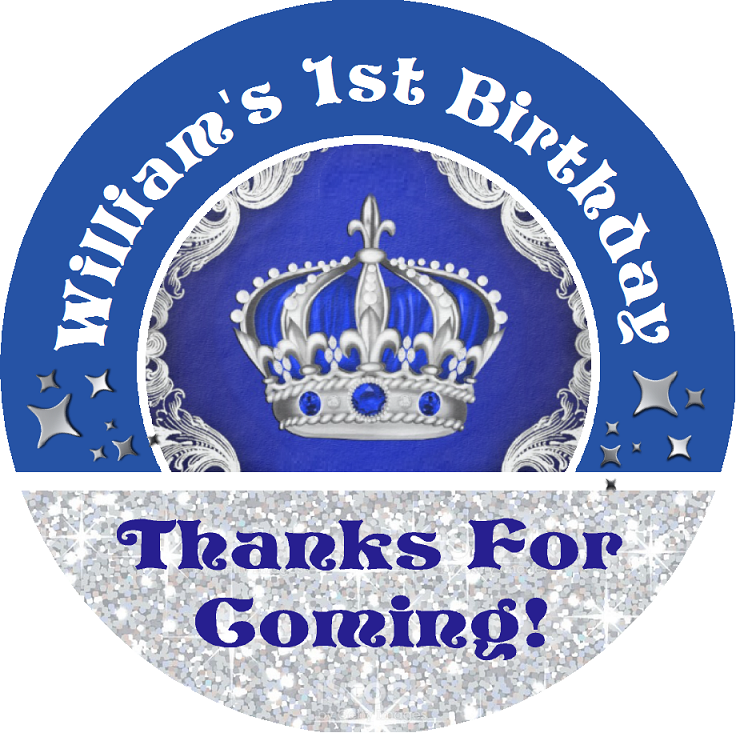 Navy Blue Silver and White Royal Prince Crown Birthday Party Favors Personalized Round Stickers Supplies Labels ideas