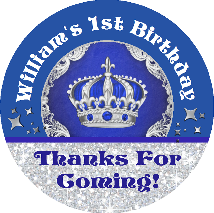 Navy Blue Silver and White Royal Prince Crown Birthday Party Favors Personalized Round Stickers Supplies Labels ideas