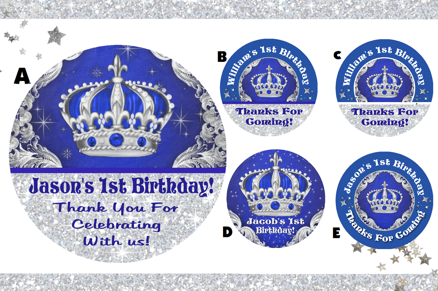 Navy Blue Silver and White Royal Prince Crown Birthday Party Favors Personalized Round Stickers Supplies Labels ideas