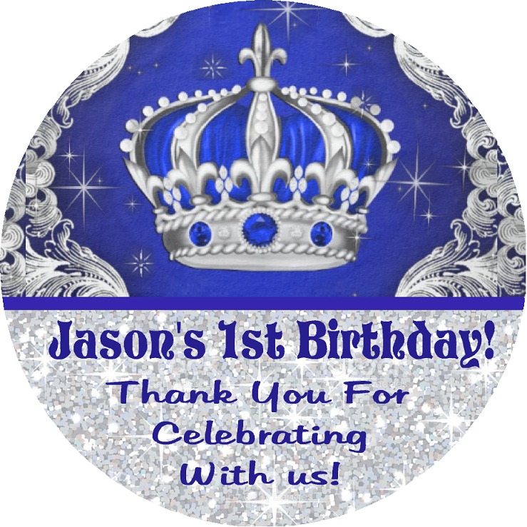 Navy Blue Silver and White Royal Prince Crown Birthday Party Favors Personalized Round Stickers Supplies Labels ideas