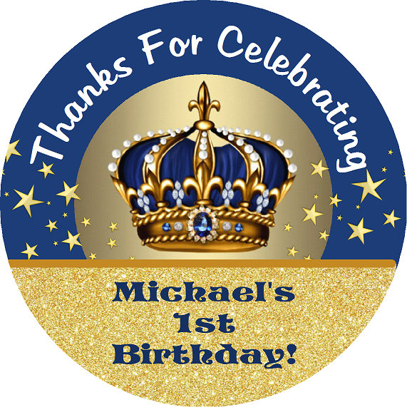 Navy Blue and Gold Royal Prince Crown Birthday Party Favors Personalized Round Stickers Supplies Labels ideas