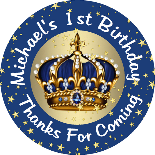 Navy Blue and Gold Royal Prince Crown Birthday Party Favors Personalized Round Stickers Supplies Labels ideas