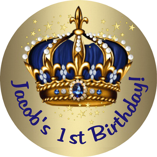 Navy Blue and Gold Royal Prince Crown Birthday Party Favors Personalized Round Stickers Supplies Labels ideas