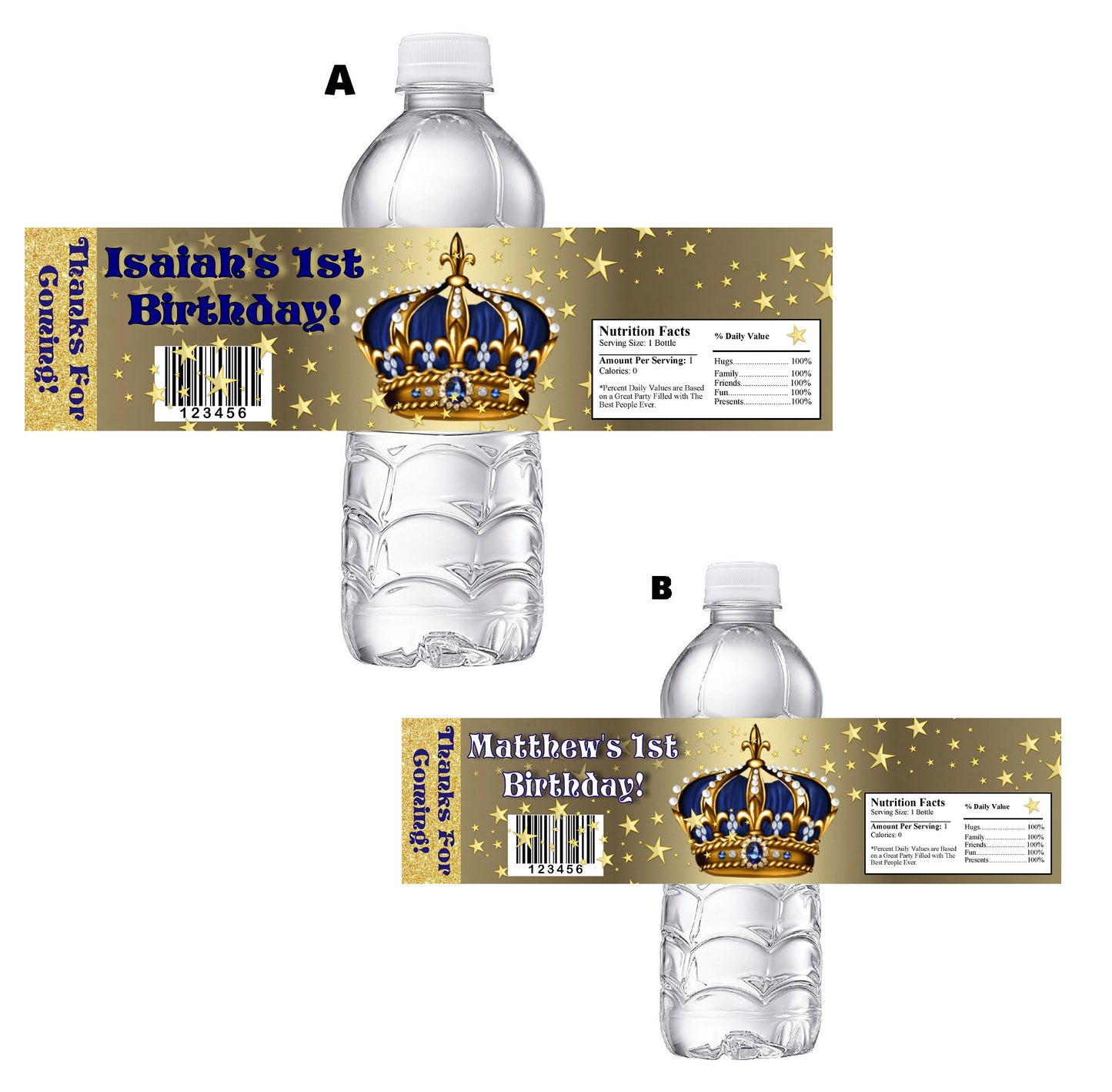 Blue and Gold Prince Crown Baby Shower Party Favors Water Bottle Labels Ideas Supplies Decor