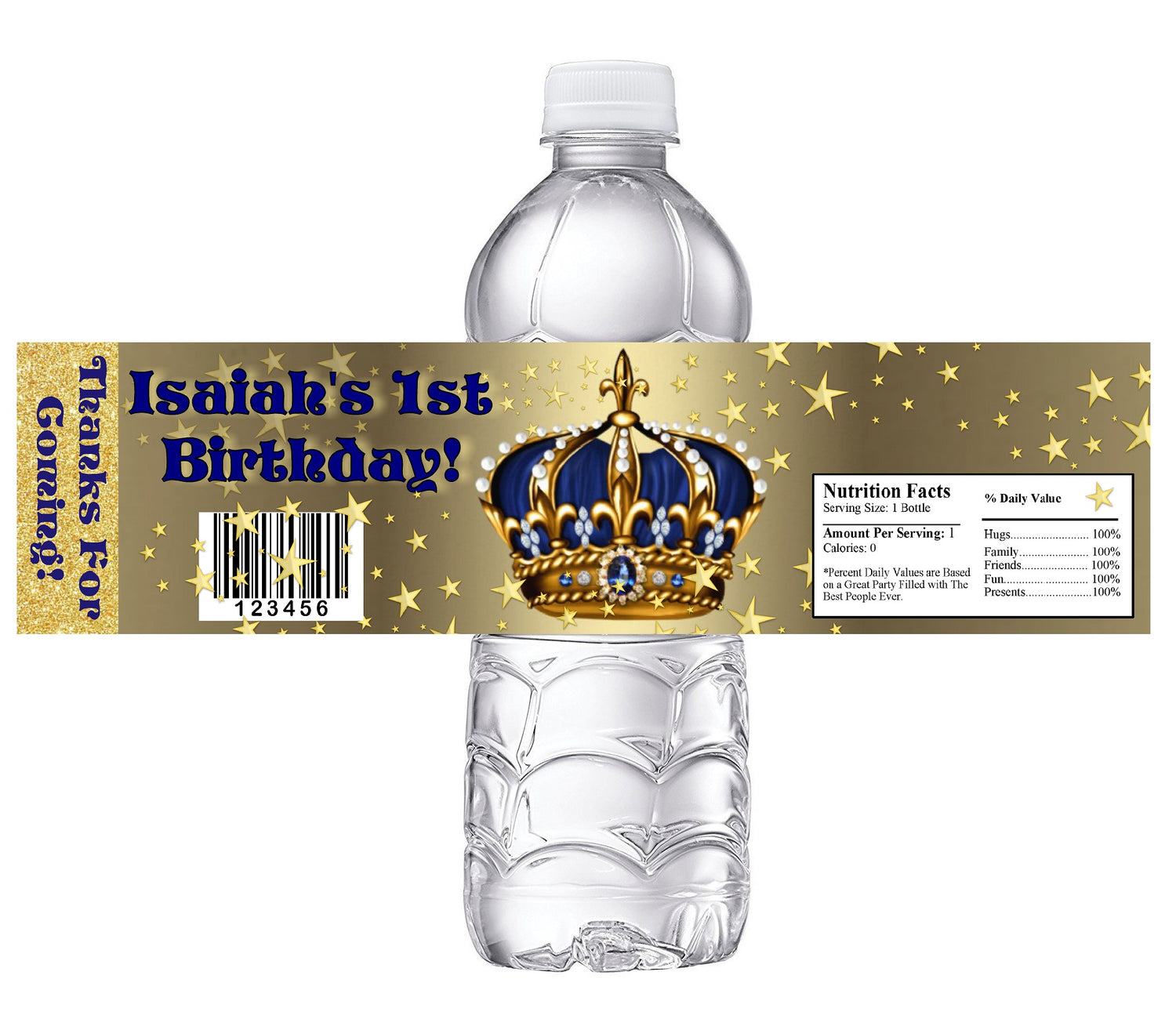 Blue and Gold Prince Crown Baby Shower Party Favors Water Bottle Labels Ideas Supplies Decor