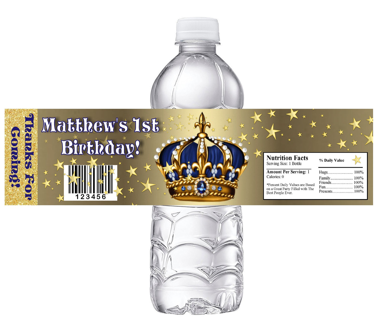 Blue and Gold Prince Crown Baby Shower Party Favors Water Bottle Labels Ideas Supplies Decor